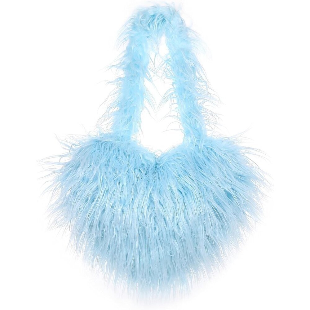 Women's Sky Blue Heart Shaped Fluffy Plush Faux Fur Imported Chic Handbag